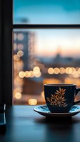 Coffee cup with floral pattern on saucer by window with warm bokeh city lights at sunset creating cozy evening atmosphere for relaxation and comfort.
