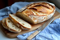 Fresh crusty artisan sourdough bread loaf sliced on wooden cutting board with blue checkered kitchen towel and knife, showing airy texture inside.