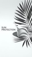 Sunscreen jar with palm leaf shadow on white background, cosmetic skincare product for sun protection and UV defense advertising campaigns.