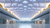 Modern exhibition hall interior with geometric ceiling pattern and natural lighting. Glass walls and polished floor create contemporary architectural space for events.