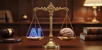 Golden scales of justice balancing glowing AI text against human brain in law office setting with gavel and legal books for technology ethics concepts.