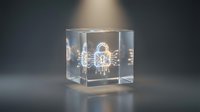Transparent acrylic cube with glowing circuit board pattern and light trails inside, isolated on dark background for design and technology concepts.