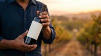 Male winemaker with dark skin tone holding blank label wine bottle in vineyard at sunset, showcasing product for branding and marketing purposes.
