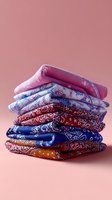 Stack of colorful bandanas with traditional paisley pattern in pink, blue, red, navy and orange shades arranged on pink background for fashion and accessory design.