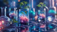 Young green plant growing in glass jar with pink glowing substrate against blurred laboratory background, science experiment with magical bokeh lighting effects.