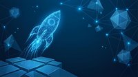 Futuristic rocket launch from digital platform with glowing network connections and geometric shapes on dark blue technology background for startup concepts.