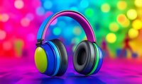 Colorful wireless headphones on vibrant rainbow bokeh background. Modern audio device with neon blue and green details showcases contemporary music technology.