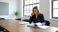 Middle-aged woman with blonde hair and glasses, wearing a dark blazer, sitting at wooden desk in modern office reviewing documents while on phone call.