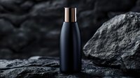 Elegant matte black cosmetic bottle with metallic rose gold cap on dark stone background, minimalist luxury skincare packaging for premium product presentation.