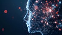Digital profile made of glowing dots and lines showing artificial intelligence concept with neural network connections on dark background with red bokeh effect.