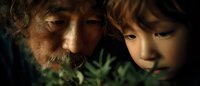 Elderly grandfather and young grandson sharing intimate moment together outdoors surrounded by green foliage in warm natural lighting for family bonding concepts.