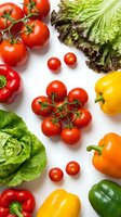 Fresh organic vegetables on white background with colorful bell peppers, ripe tomatoes and green lettuce leaves for healthy cooking and nutrition.