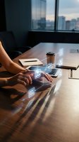 Professional woman using holographic digital interface technology at modern office desk with city skyline view during sunset for business innovation.