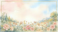Watercolor garden landscape with blooming roses, celestial moon and stars, pastoral countryside scenery with mountains, wildflowers, and soft pastel colors for decorative art, wallpaper, and design projects.