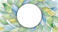 Watercolor leaves frame with white circle space for text, botanical border design with green and blue foliage elements for natural branding projects.