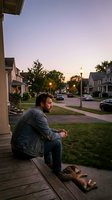 Middle-aged Caucasian man in denim jacket sitting on porch steps with dog during golden hour sunset in suburban neighborhood with street lights and houses.