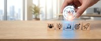 Hand placing 24/7 service badge above wooden blocks with business icons including team, innovation, growth, target and rocket on office desk.