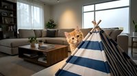 Ginger cat relaxing inside striped teepee tent in modern living room with gray sofa, wooden table, and large windows for home decor and pet lifestyle content.