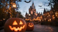 Glowing jack o'lanterns on stone path with illuminated castle spires in background, flying bats and string lights creating magical Halloween atmosphere at dusk.