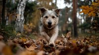 Playful terrier mix dog running through autumn forest with fallen leaves, capturing joyful pet movement in natural woodland setting.
