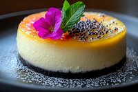 Creamy cheesecake with caramelized top, black poppy seeds, and vibrant purple edible flower garnish on dark plate, dusted with powdered sugar. Food photography.