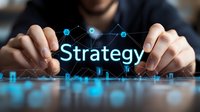 Business professional presenting digital strategy concept with glowing network connections and data visualization elements for corporate planning.