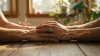 Two hands touching on a wooden table with glowing energy waves, symbolizing connection, love, and emotional bond in a warm interior.