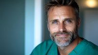 Confident mature male medical professional in green scrubs smiling warmly at camera with natural window lighting, grey beard and styled hair creating trustworthy healthcare portrait.