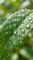 Macro close-up of fresh green leaf covered with sparkling water droplets after rain, showcasing vivid texture and veins in soft bokeh light.