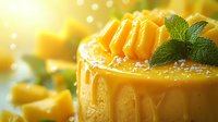 Mango mousse dessert garnished with fresh mint leaf and tropical fruit pieces on top, golden caramel drizzle creates elegant presentation against blurred background.