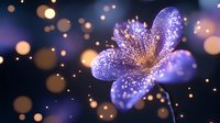 Purple glittery butterfly with sparkling wings floating against dark background with golden bokeh lights for magical fantasy designs and decorations.