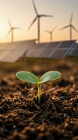 Green seedling sprouting from rich soil with wind turbines and solar panels in background representing sustainable energy and environmental growth.