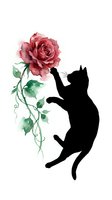 Cat silhouette reaching toward blooming red rose with green foliage on white background. Isolated artwork suitable for wall decals, t-shirt designs, and home decor.