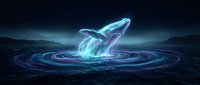 Luminous whale breaching from dark ocean waters with glowing blue energy rings and mystical light effects for fantasy digital art projects.