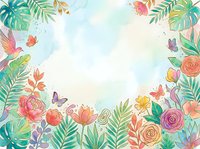 Watercolor floral frame with tropical leaves, roses, butterflies, and a hummingbird on a soft pastel background, perfect for cards and invitations.