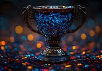 Vintage silver trophy cup on dark background with blue and orange bokeh lights creating magical atmosphere. Decorative metallic goblet with reflective surface.