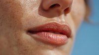 Close-up of woman's lips with coral lipstick against blue background, showing natural skin texture and subtle facial features.