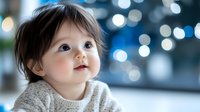 Adorable toddler in soft white sweater gazing upward with wonder against blurred blue bokeh lights background, capturing pure childhood curiosity and innocence.