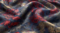 Luxurious Asian dragon pattern fabric in red and gold on dark blue silk with elegant waves and traditional oriental motifs creates flowing textile design.