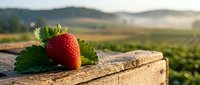 Fresh ripe strawberry with green leaves on rustic wooden surface overlooking agricultural farmland valley at golden hour sunset for organic farming concepts.