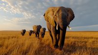 African elephants walking in line through golden savanna grasslands during sunset, dramatic cloudy sky above vast wilderness landscape creates majestic wildlife scene.