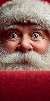 Close-up portrait of jolly Santa Claus with twinkling eyes, white beard and fur hat against red background for Christmas holiday marketing campaigns.