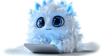 Cute fluffy white and blue monster character with big eyes using tablet device on white background, digital art character design for children media.