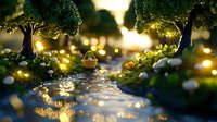 Magical forest stream at sunset with glowing fireflies and tiny boat floating on sparkling water, surrounded by mossy rocks and enchanted trees.
