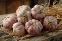 Fresh organic garlic bulbs with purple-tinted skin arranged on rustic wooden surface with straw, perfect for cooking, food blog, or restaurant menu design background.