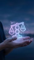 Businessman hand holding glowing neon justice scales hologram with legal data analytics symbols floating above palm against blue background for law technology.