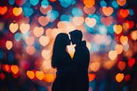 Silhouette of romantic couple kissing against blurred heart-shaped bokeh lights in red and blue creating magical Valentine atmosphere. Suitable for greeting cards.