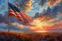 American flag waving against dramatic sunset sky over golden wheat field, with vibrant orange clouds and atmospheric dusk lighting creating patriotic scene.