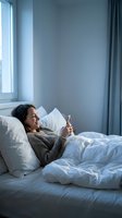 Woman with dark hair, South Asian ethnicity, relaxing in bed using smartphone by window with natural light streaming through. Cozy bedroom scene.