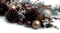 Festive winter arrangement with pine cones, copper and purple baubles, white berries, and evergreen branches on white background for holiday decor and greeting cards.